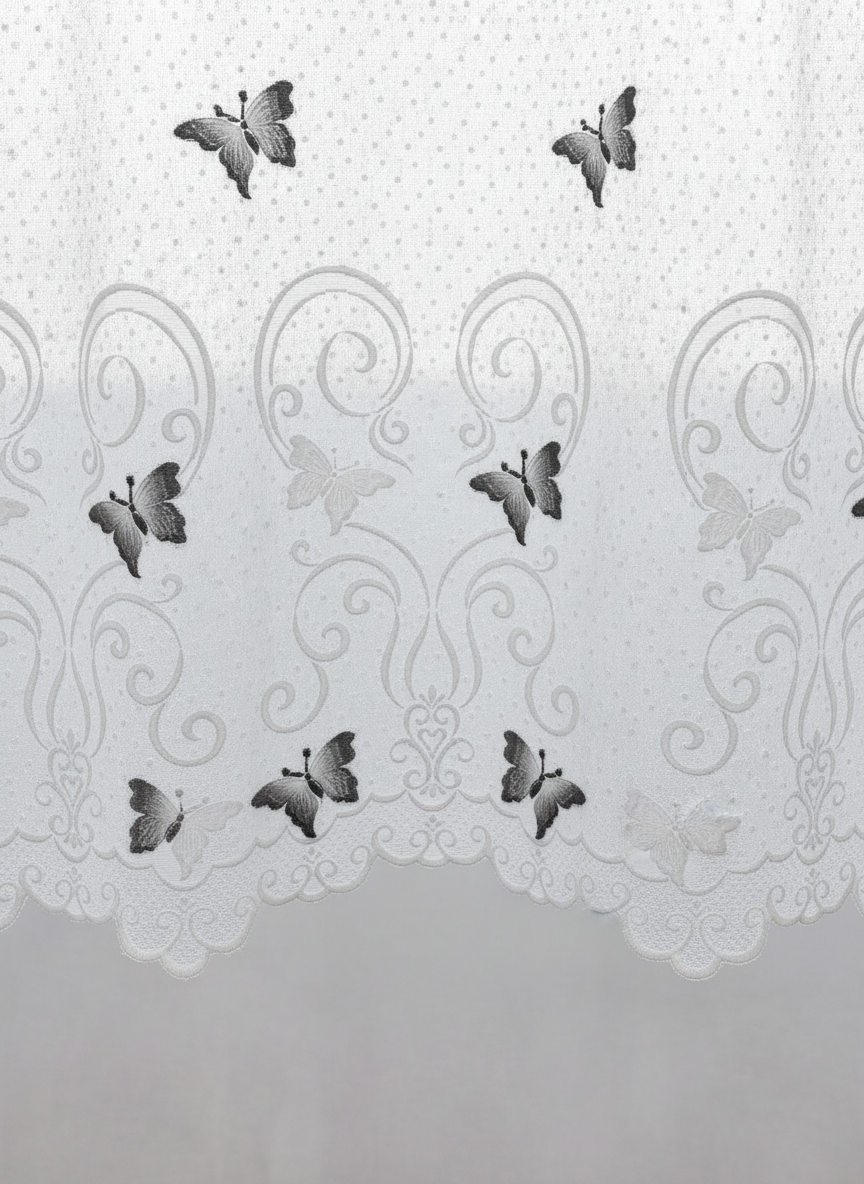Perdea de bucătărie din tulle cu fluturi brodați gri-antracit – Ambiance Design