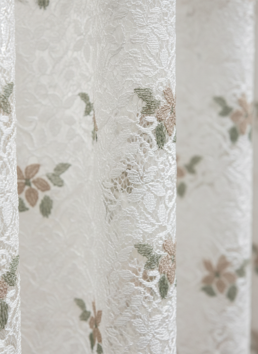 Perdea de bucătărie din dantelă cu flori maro discrete – Ambiance Design