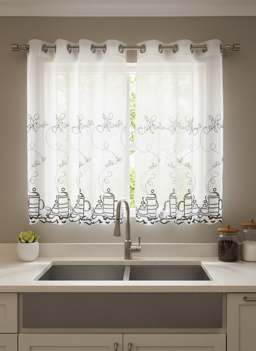 Perdea de bucătărie din tulle cu cești și ceainice brodate negru - Rejansa inele/capse