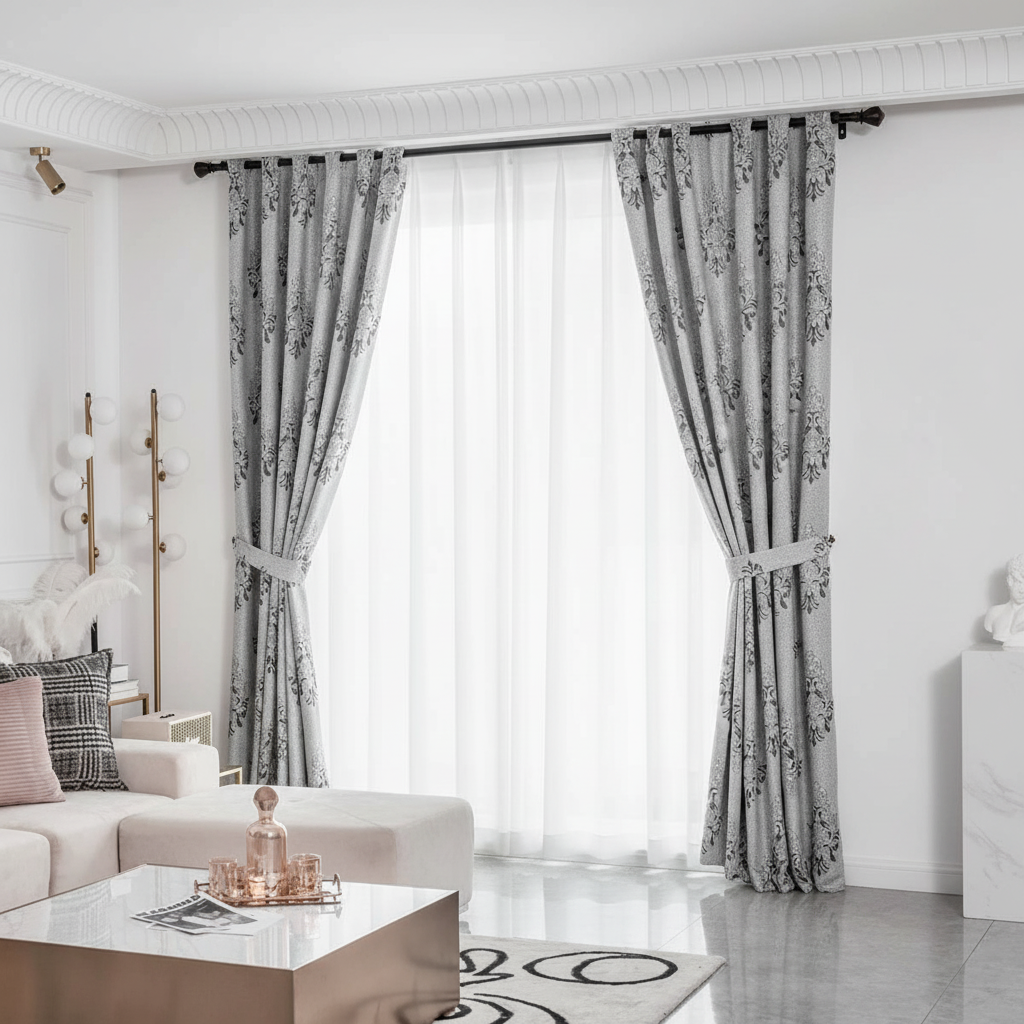 Draperie tafta gri deschis cu model baroc – Draperie Baroc 01