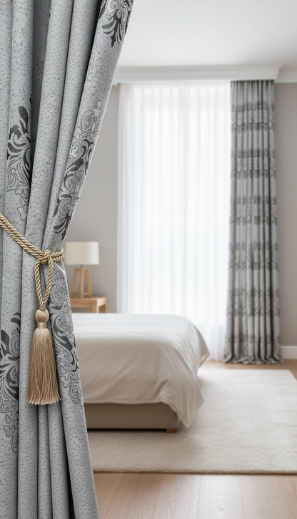 Draperie tafta gri deschis cu model baroc – Draperie Baroc 01 - Rejansa inele/capse
