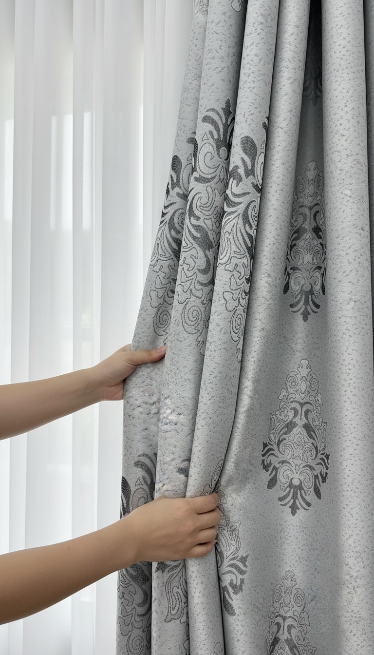 Draperie tafta gri deschis cu model baroc – Draperie Baroc 01 - Rejansa sina/galerie (universala))