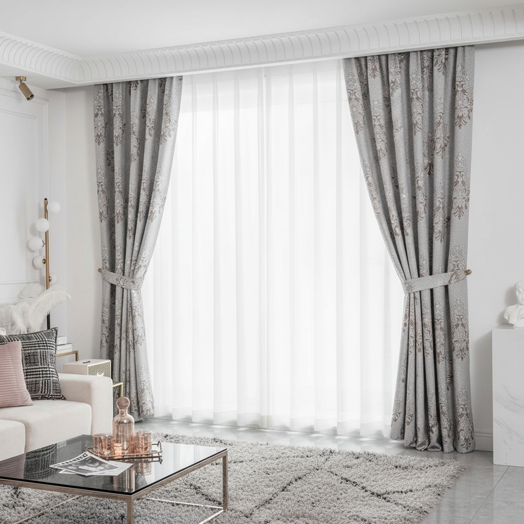 Draperie tafta bej deschis cu model baroc – Draperie Baroc 02 - Rejansa tip creion (10cm)
