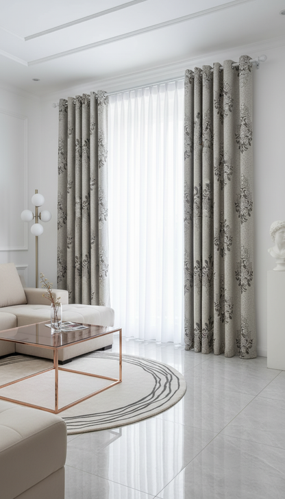 Draperie tafta gri perlat cu model baroc – Draperie Baroc 03 - Rejansa 10 cm
