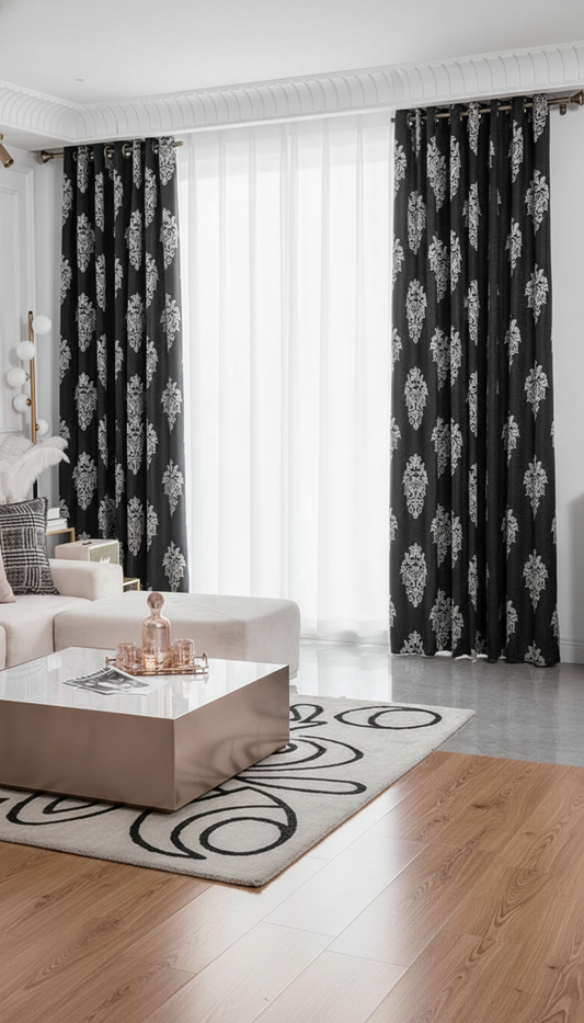 Draperie tafta negru antracit cu model baroc argintiu – Draperie Baroc 04 - Tiv lat (pliuri)