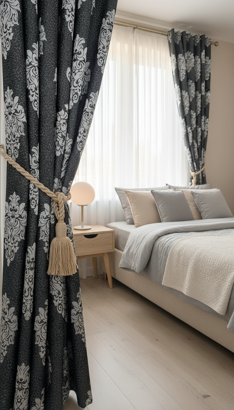 Draperie tafta negru antracit cu model baroc argintiu – Draperie Baroc 04 - Tiv lat (pliuri)