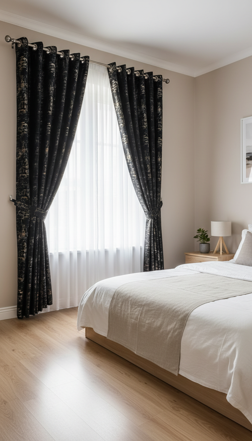 Draperie din catifea negru cu accente aurii HKNA80 - Rejansa inele/capse