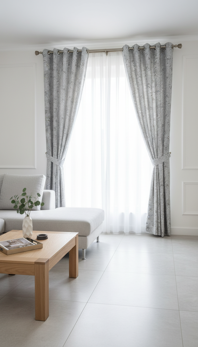 Draperie tafta gri deschis cu model floral – Draperie Flor 01