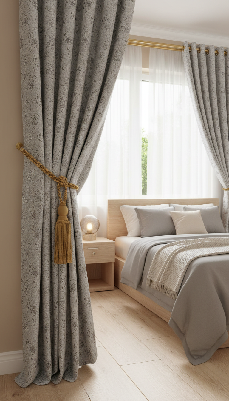 Draperie tafta gri deschis cu model floral – Draperie Flor 01 - Tiv lat (pliuri)