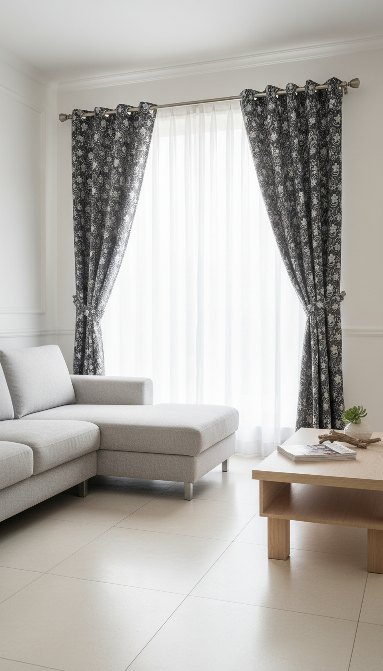 Draperie tafta negru antracit cu model floral argintiu – Draperie Flor 04