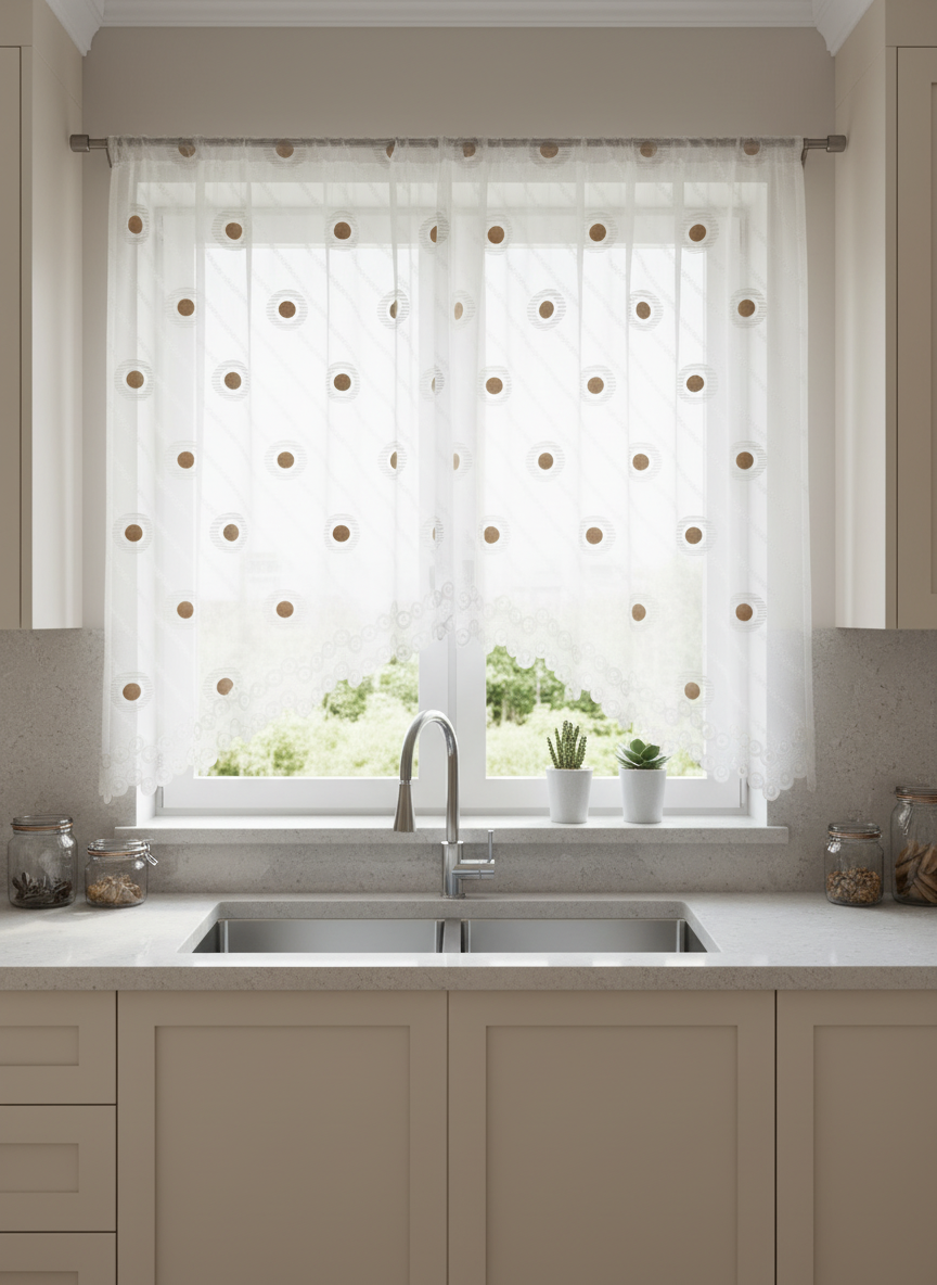 Perdea de bucătărie din tulle cu cercuri decorative bej – Ambiance Design
