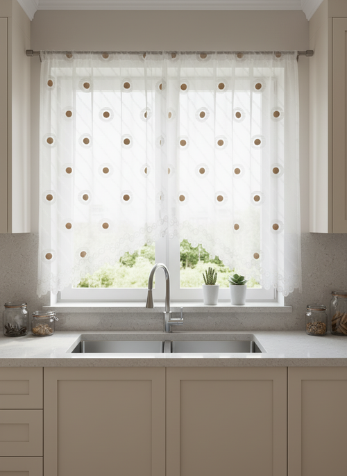 Perdea de bucătărie din tulle cu cercuri decorative bej – Ambiance Design