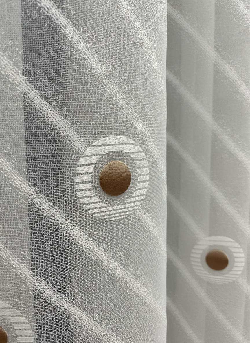 Perdea de bucătărie din tulle cu cercuri decorative bej – Ambiance Design