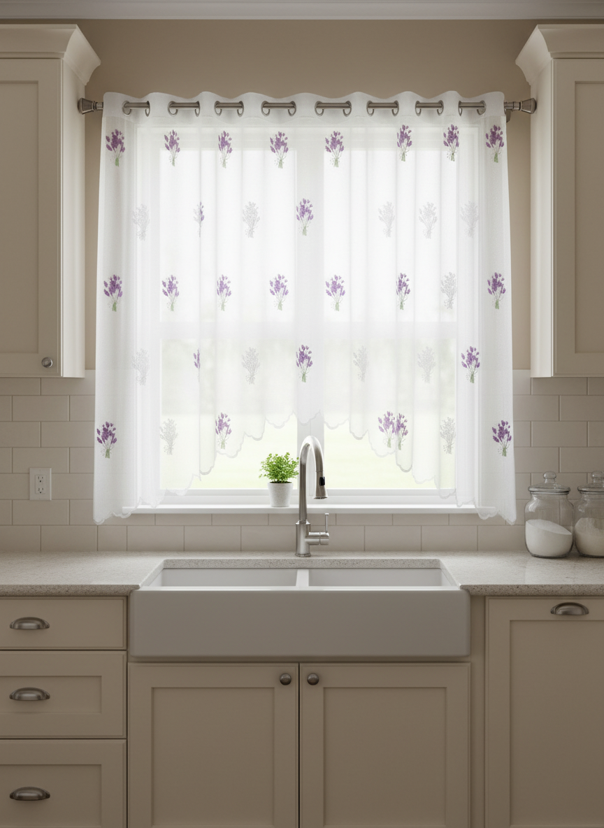 Perdea de bucătărie din tulle cu lavandă brodată mov – Ambiance Design