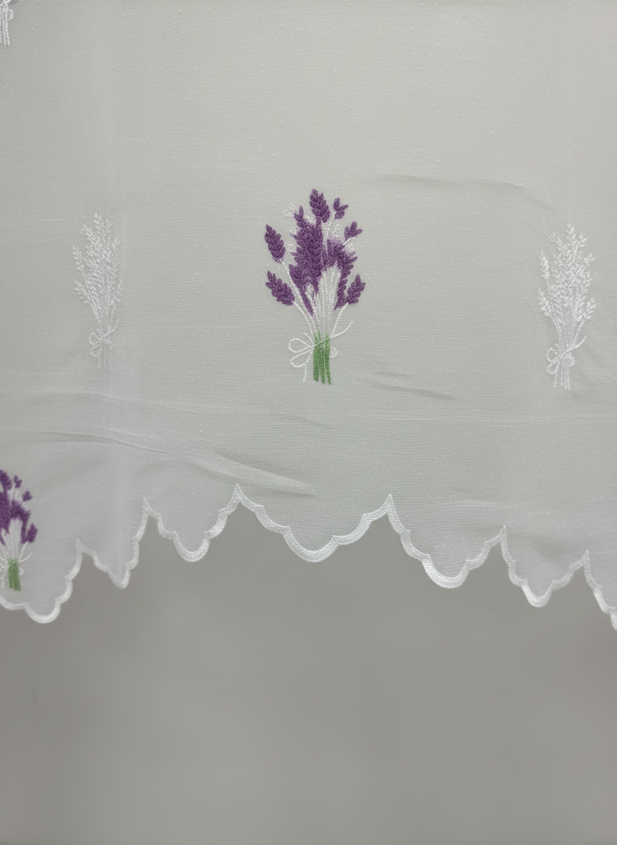 Perdea de bucătărie din tulle cu lavandă brodată mov – Ambiance Design