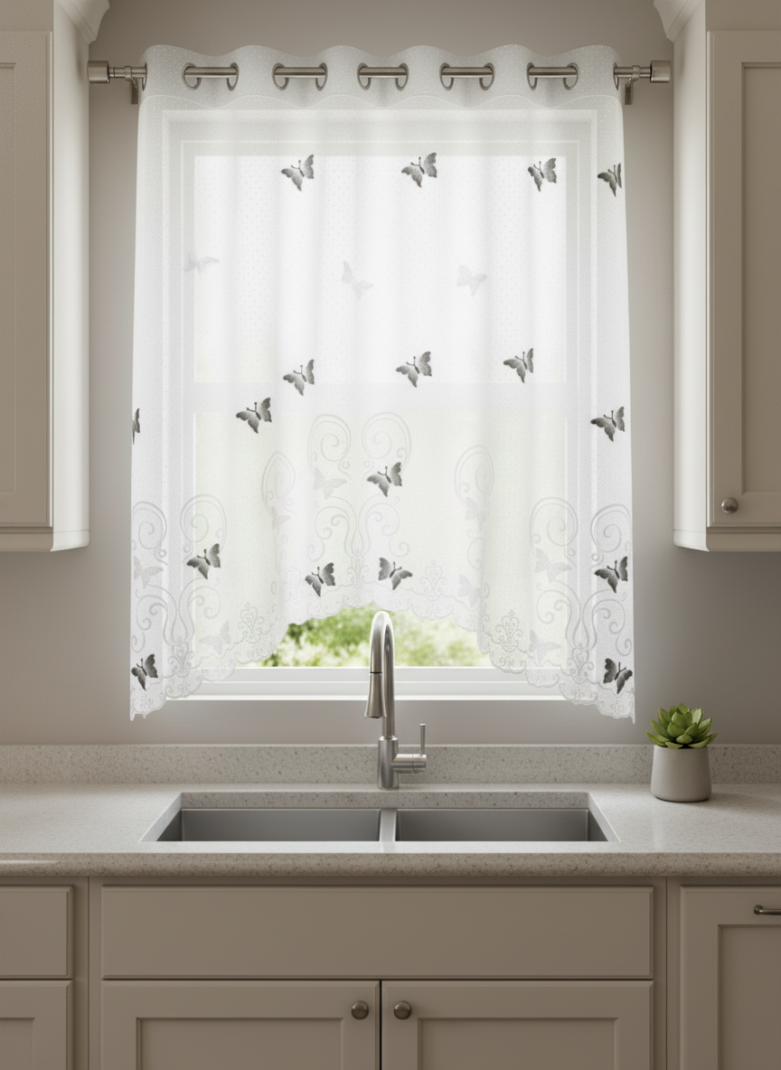 Perdea de bucătărie din tulle cu fluturi brodați gri-antracit – Ambiance Design