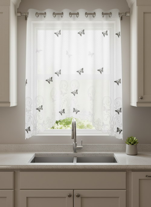 Perdea de bucătărie din tulle cu fluturi brodați gri-antracit – Ambiance Design
