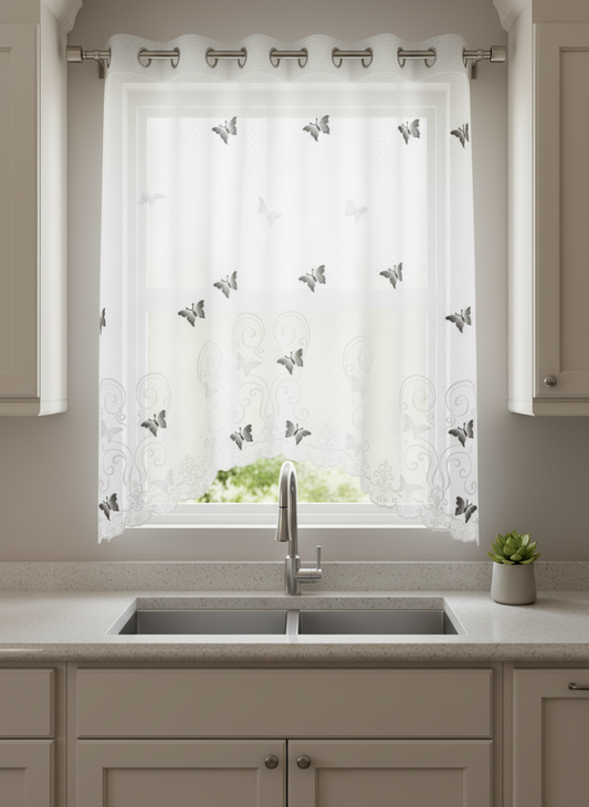 Perdea de bucătărie din tulle cu fluturi brodați gri-antracit – Ambiance Design