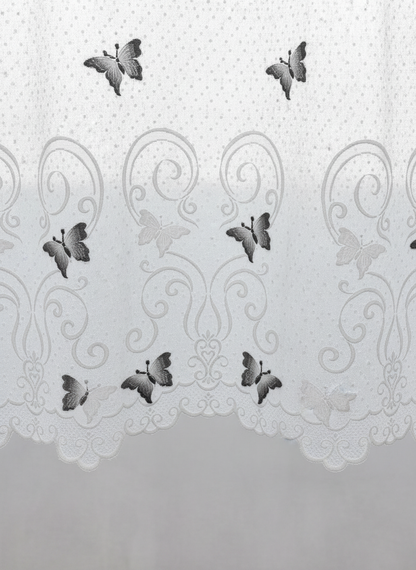 Perdea de bucătărie din tulle cu fluturi brodați gri-antracit – Ambiance Design
