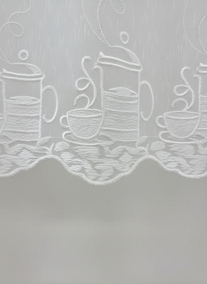 Perdea de bucătărie din tulle cu cești de cafea brodate - Rejansa 10 cm