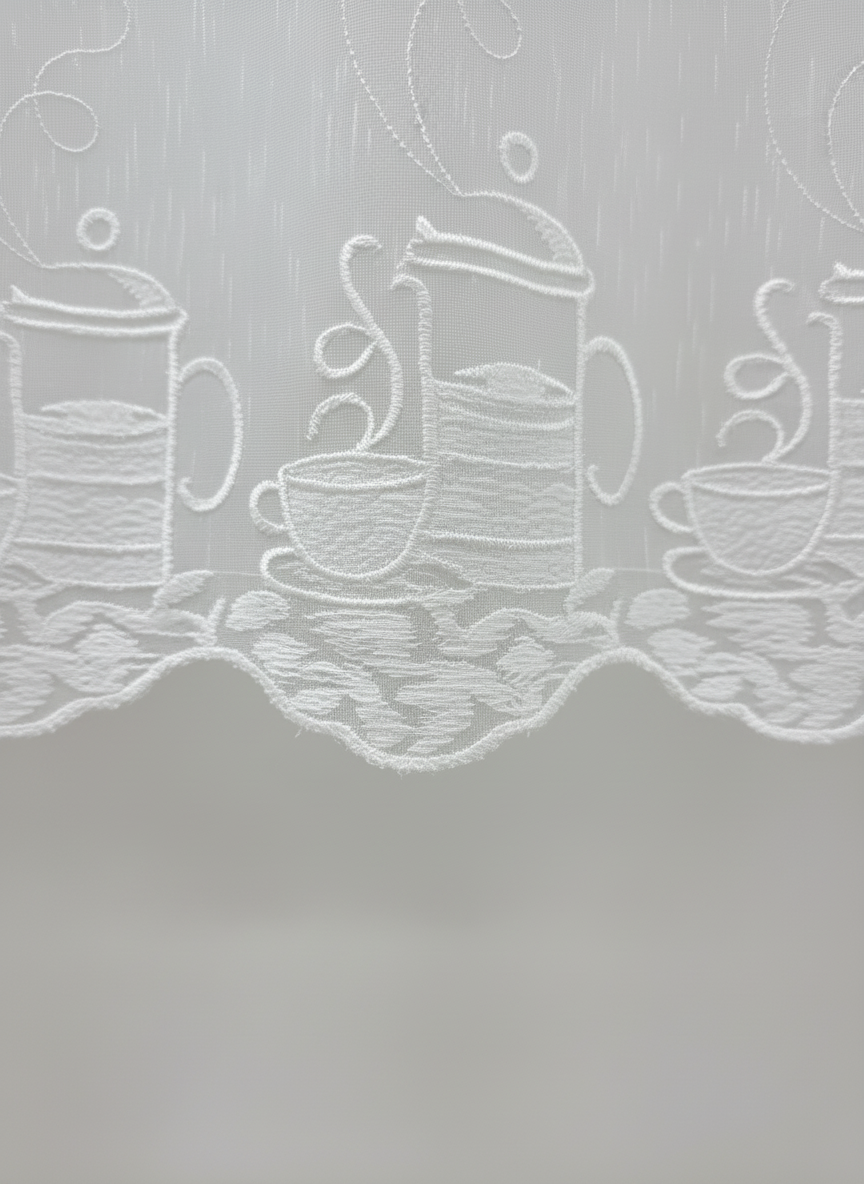 Perdea de bucătărie din tulle cu cești de cafea brodate - Rejansa tip creion (10cm)