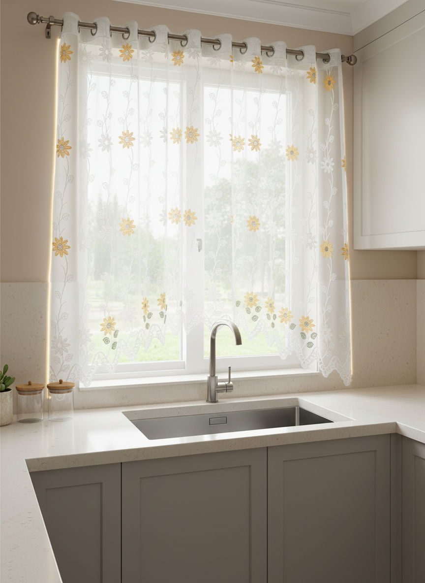 Perdea de bucătărie cu margarete brodate galben-auriu – Ambiance Design