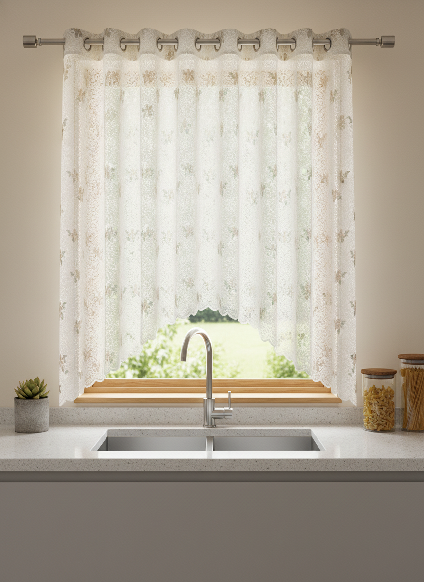 Perdea de bucătărie din dantelă cu flori maro discrete – Ambiance Design