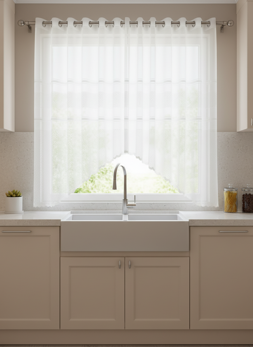 Perdea de bucătărie din tulle cu bandă decorativă texturată – Ambiance Design