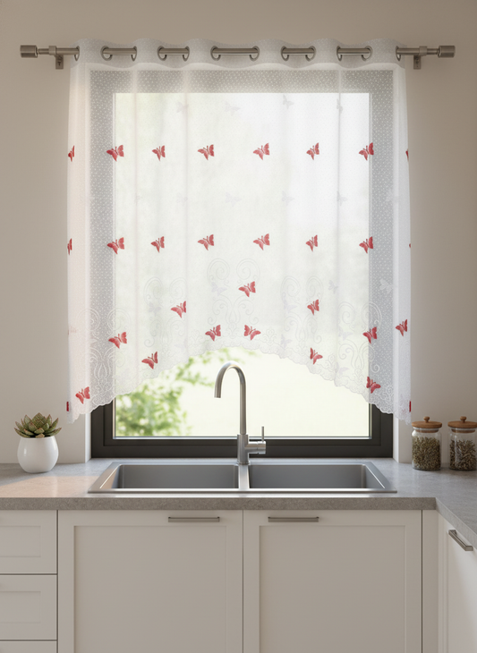 Perdea de bucătărie din tulle cu fluturi brodați roșii – Ambiance Design