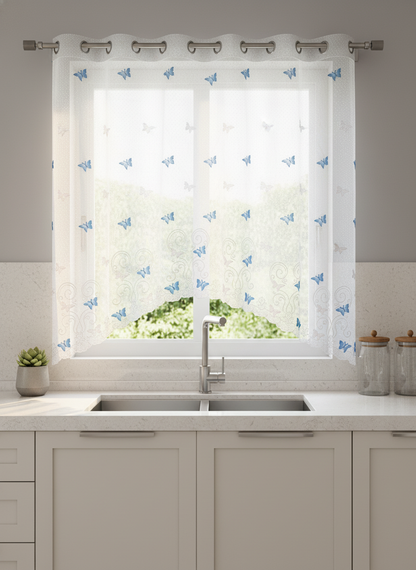 Perdea de bucătărie din tulle cu fluturi brodați albaștri – Ambiance Design