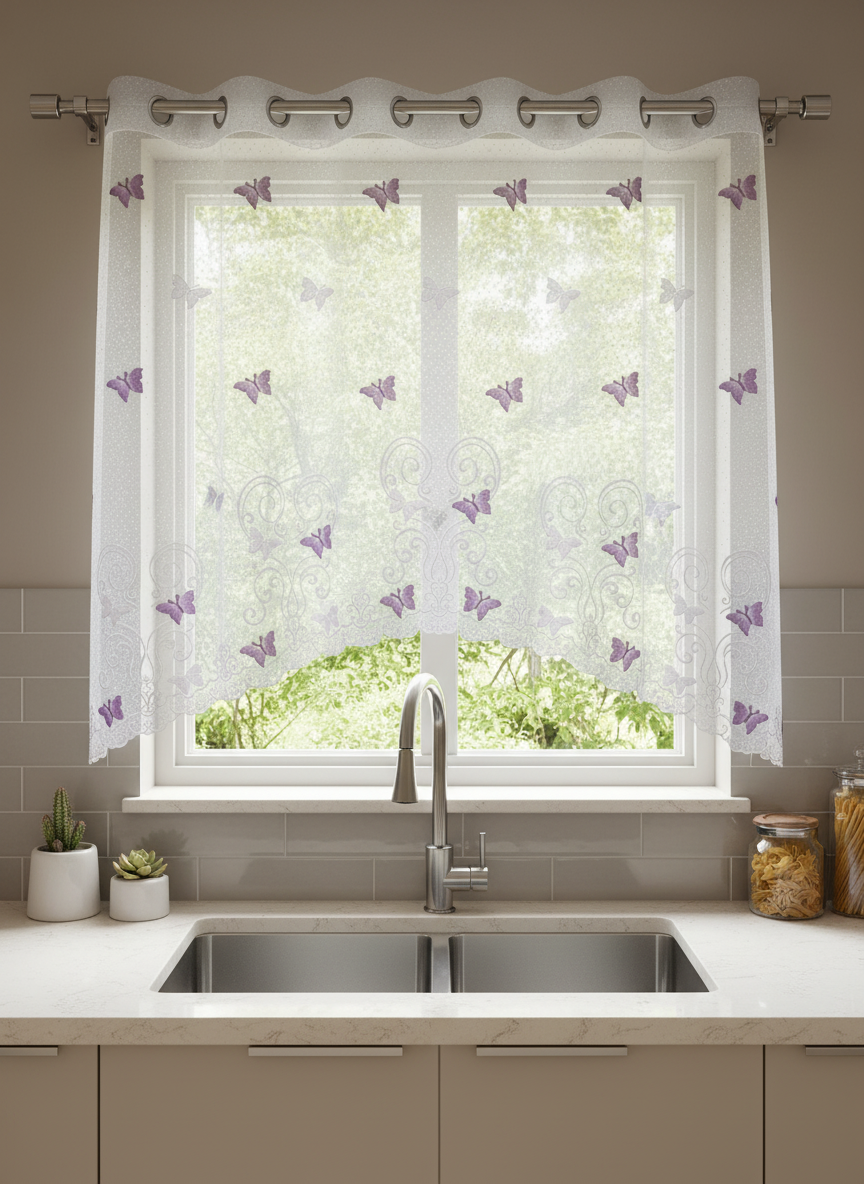 Perdea de bucătărie din tulle cu fluturi brodați mov – Ambiance Design
