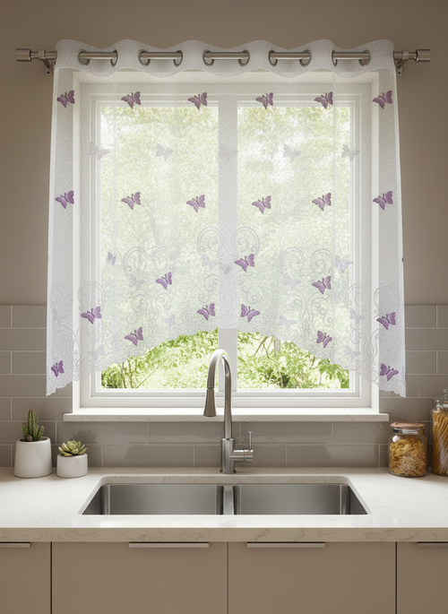 Perdea de bucătărie din tulle cu fluturi brodați mov – Ambiance Design