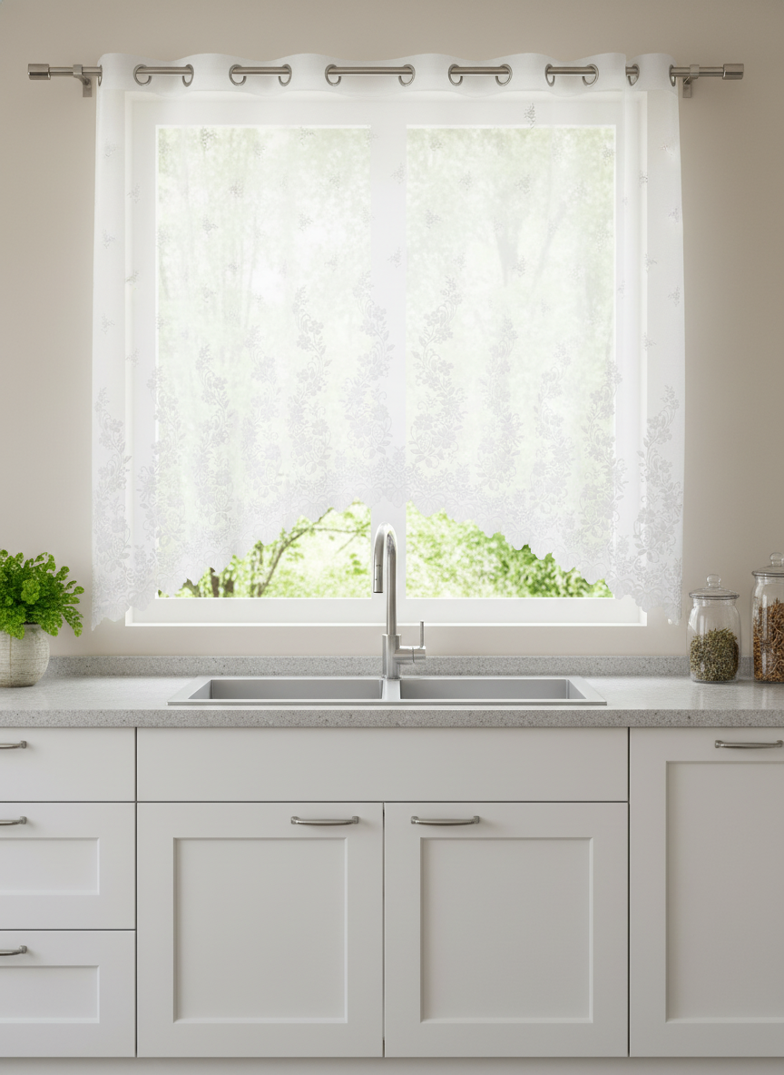 Perdea de bucătărie din tulle cu broderie florală clasică albă – Ambiance Design
