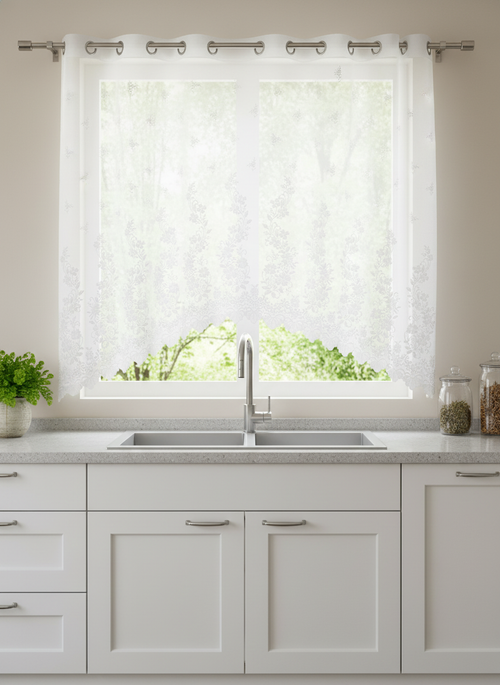 Perdea de bucătărie din tulle cu broderie florală clasică albă – Ambiance Design
