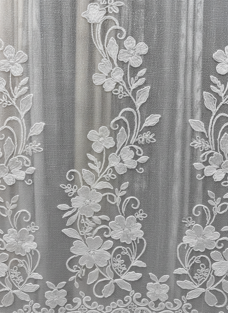 Perdea de bucătărie din tulle cu broderie florală clasică albă – Ambiance Design