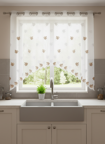 Perdea de bucătărie din tulle cu frunze brodate bej și maro – Ambiance Design
