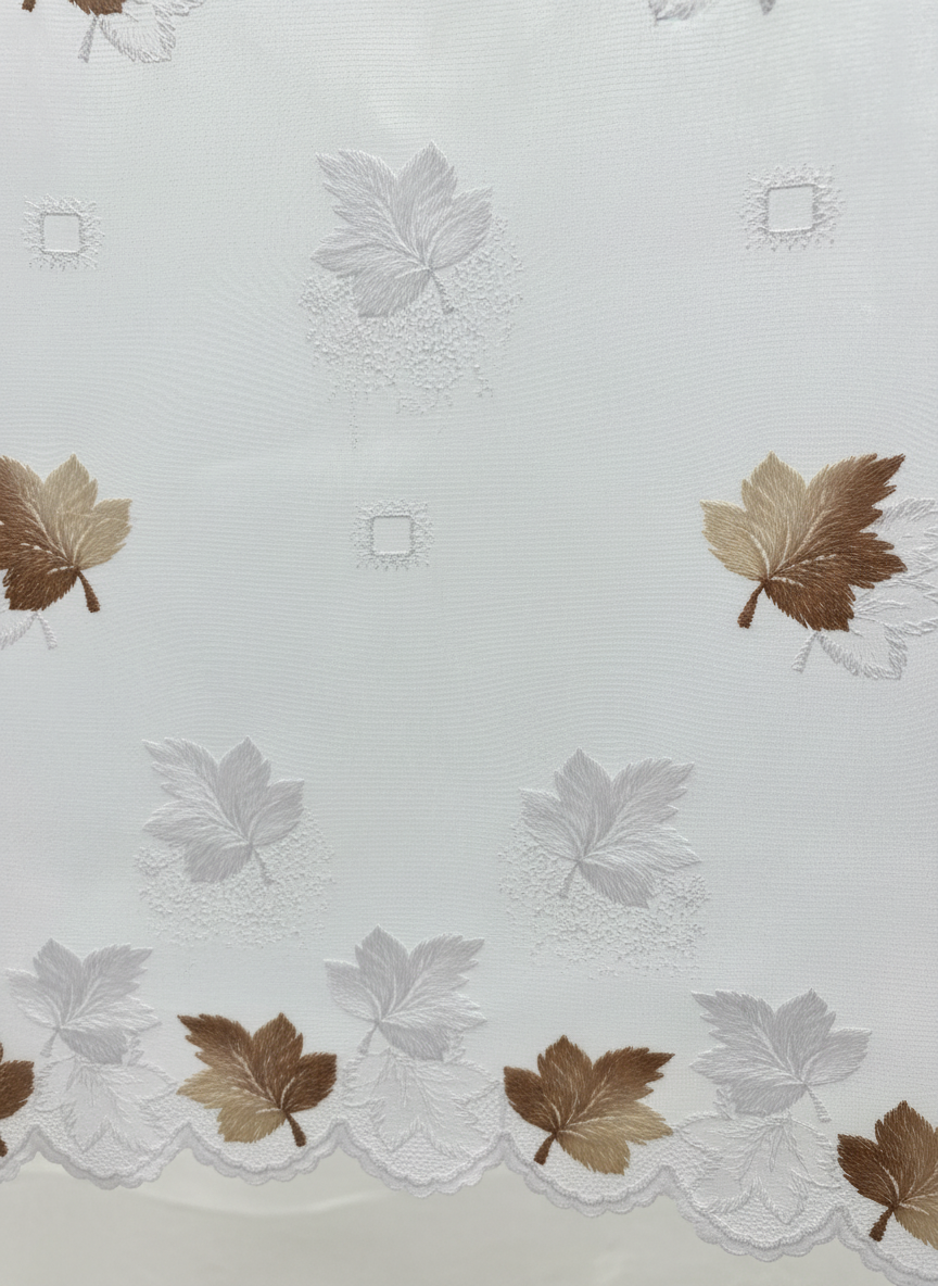 Perdea de bucătărie din tulle cu frunze brodate bej și maro – Ambiance Design