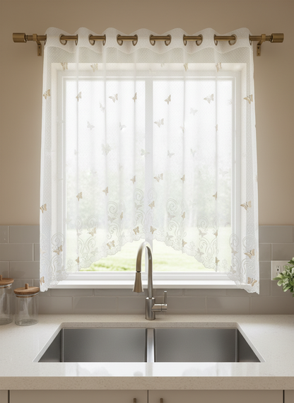 Perdea de bucătărie din tulle cu fluturi brodați bej-aurii – Ambiance Design