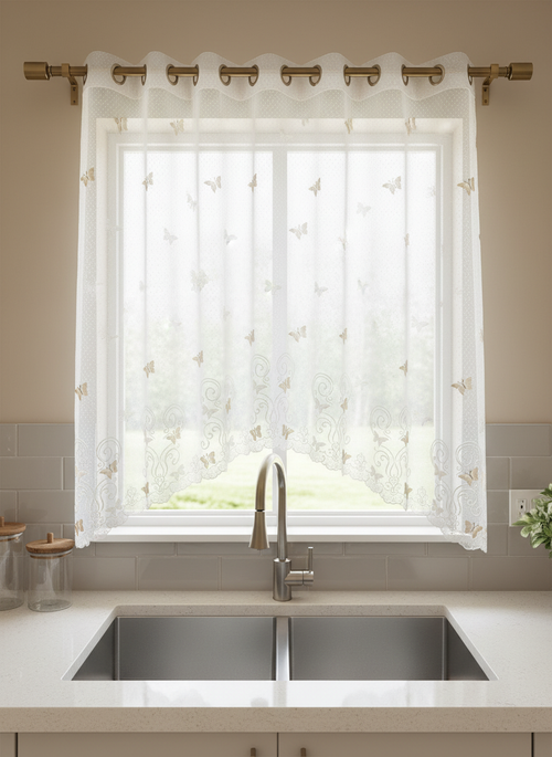 Perdea de bucătărie din tulle cu fluturi brodați bej-aurii – Ambiance Design